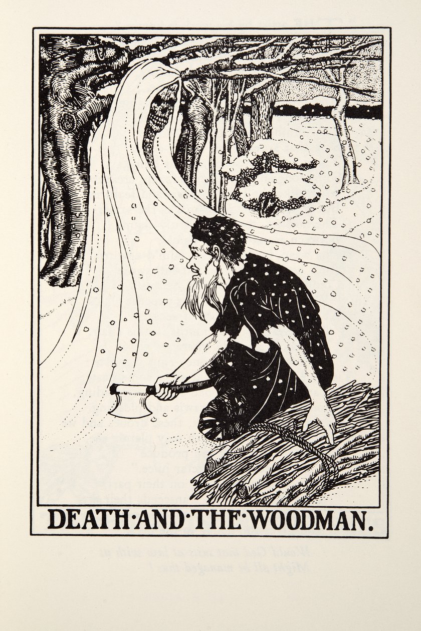 La morte e il boscaiolo, da Favole di Fontaine, pub. 1905 (incisione) da Percy J. Billingshurst