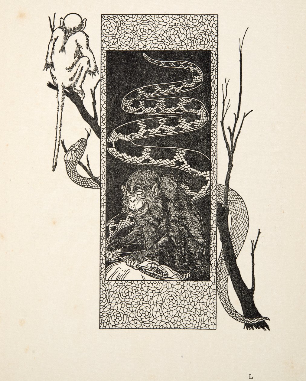 Scimmia contro serpente, da Cento aneddoti di animali, pub. 1924 da Percy J. Billingshurst