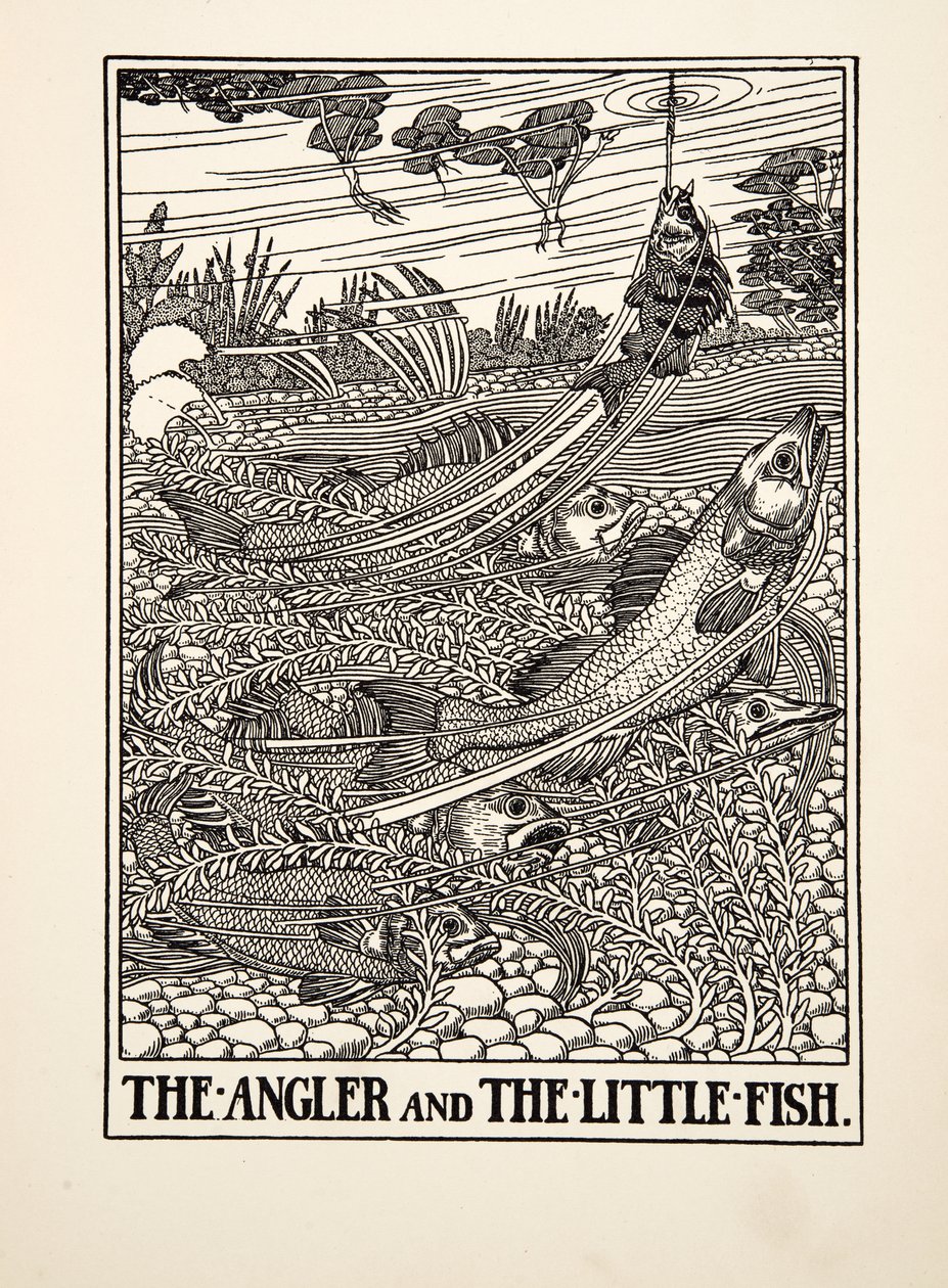 Il pescatore e il pesciolino, da Cento favole di Esopo, pub.1903 da Percy J. Billingshurst