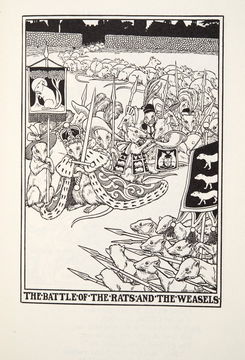 La battaglia dei topi e delle donnole, dalle Favole di Fontaine, pub. 1905 da Percy J. Billingshurst
