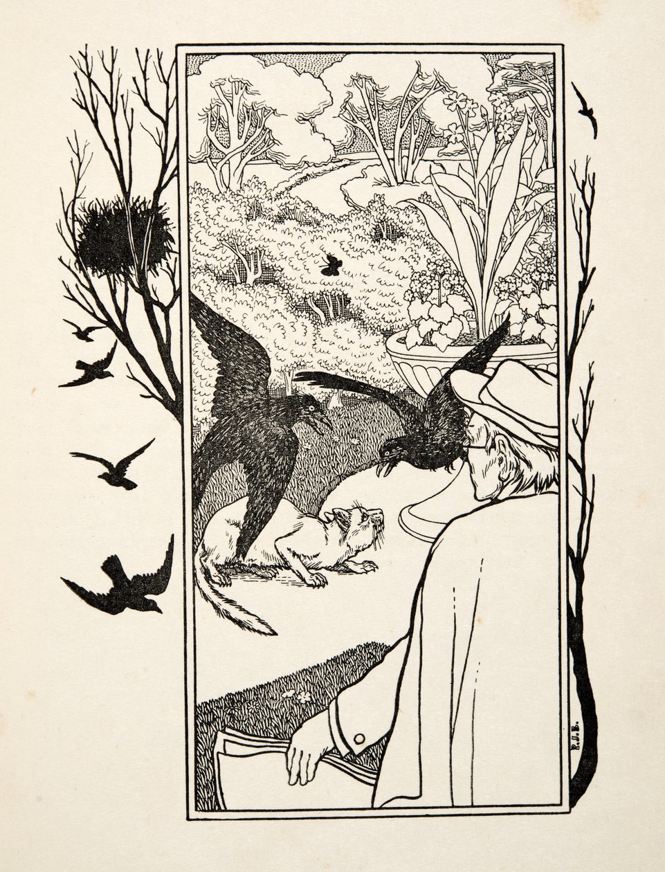 Il gatto e i corvi, da A Hundred Anecdotes of Animals, pub. 1924 da Percy J. Billingshurst