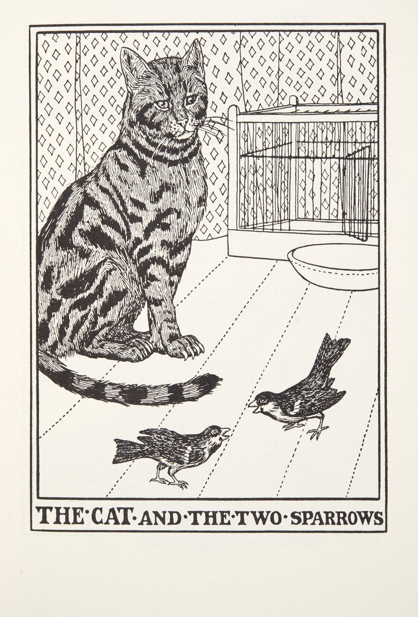 Il gatto e i due passeri, da Fontaine Fables, pub. 1905 da Percy J. Billingshurst