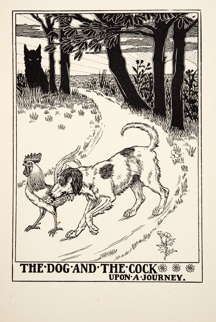 Il Cane e il Gallo in Viaggio, da Cento Favole di Esopo, pub.1903 da Percy J. Billingshurst