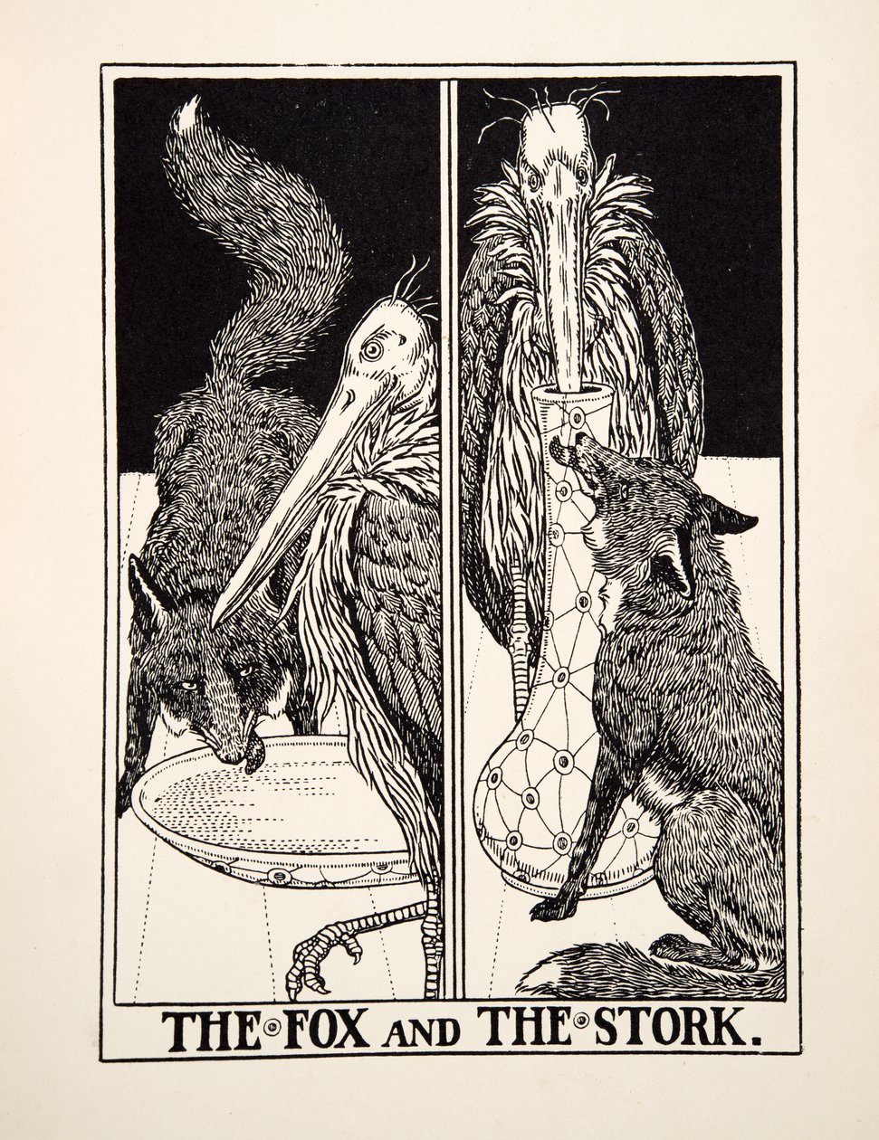 La volpe e la cicogna, da Cento favole di Esopo, pub.1903 da Percy J. Billingshurst