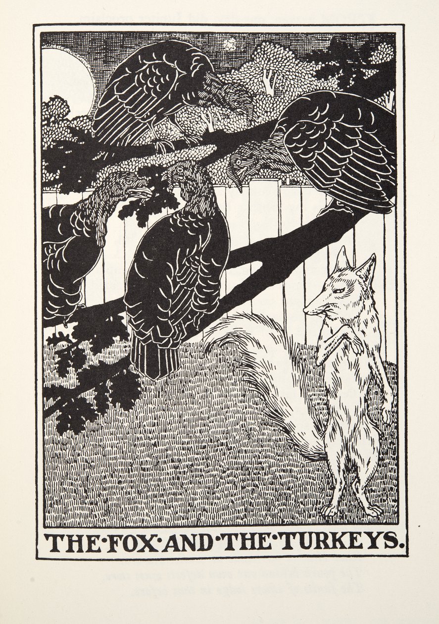 La volpe e i tacchini, da Fontaine Fables, pub. 1905 da Percy J. Billingshurst