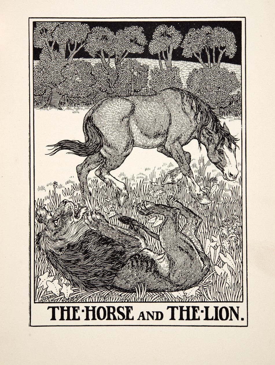 Il cavallo e il leone, da Cento favole di Esopo, pub.1903 da Percy J. Billingshurst