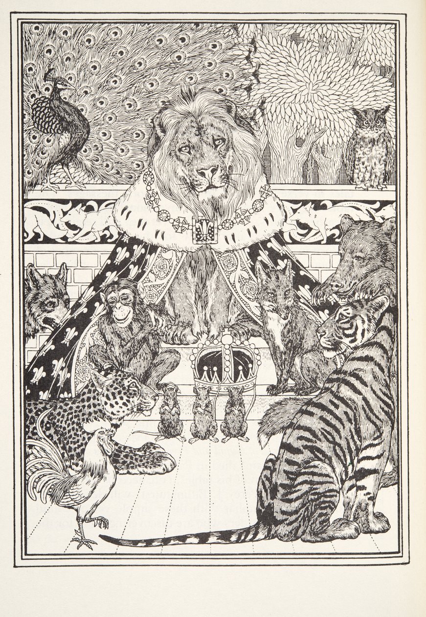 Il leone e i suoi associati, Frontespizio, dalle Favole di Fontaine, pub. 1905 da Percy J. Billingshurst