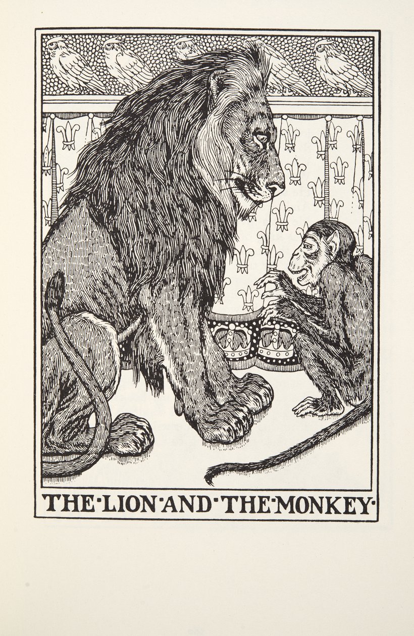 Il leone e la scimmia, dalle Favole di Fontaine, pub. 1905 da Percy J. Billingshurst