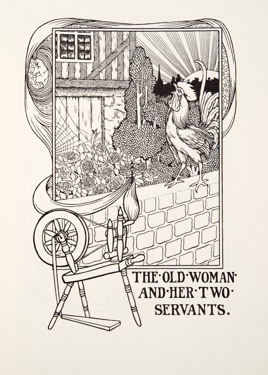 La vecchia e i suoi due servi, da Favole di Fontaine, pub. 1905 (incisione) da Percy J. Billingshurst