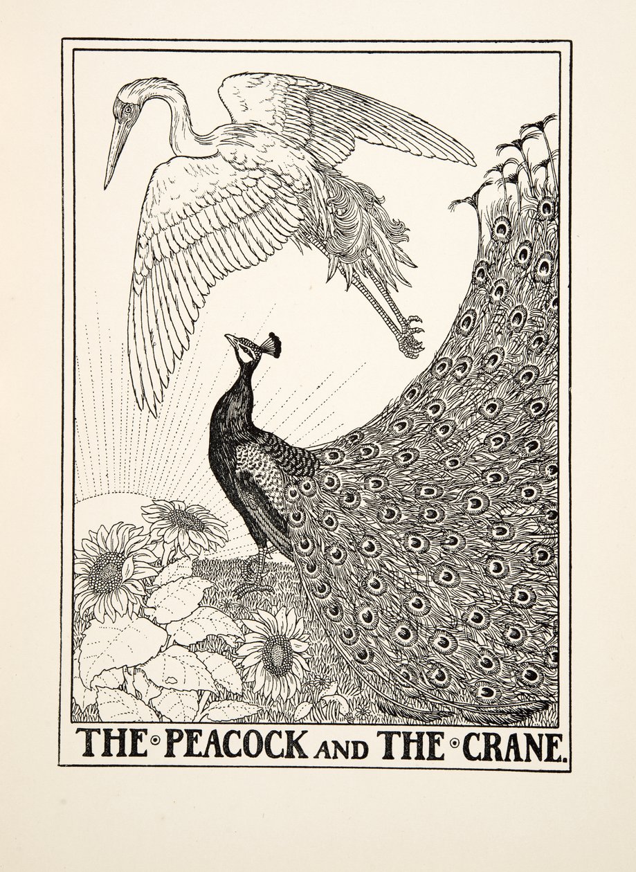 Il Pavone e la Gru, da Cento Favole di Esopo, pub.1903 da Percy J. Billingshurst