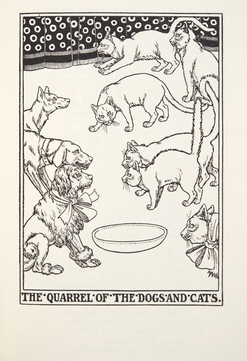 La lite tra cani e gatti, da Fontaine Fables, pub. 1905 da Percy J. Billingshurst