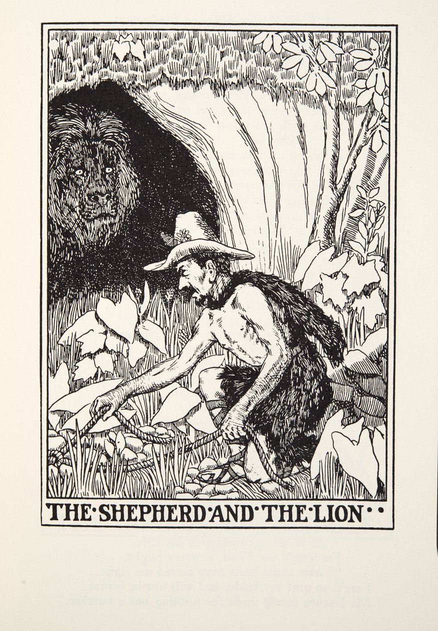 Il pastore e il leone, dalle Favole di Fontaine, pub. 1905 da Percy J. Billingshurst