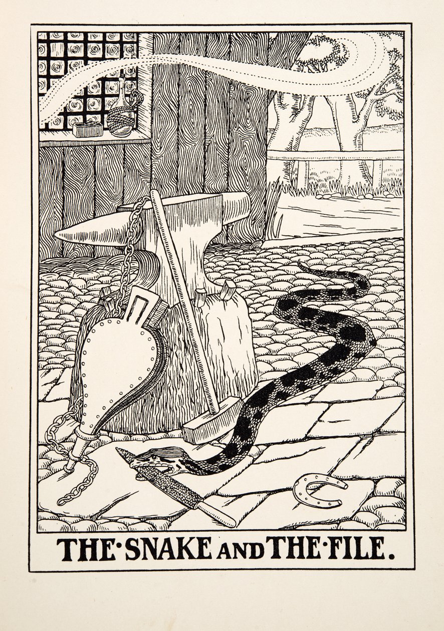 Il serpente e la lima, da Cento favole di Esopo, pub.1903 da Percy J. Billingshurst