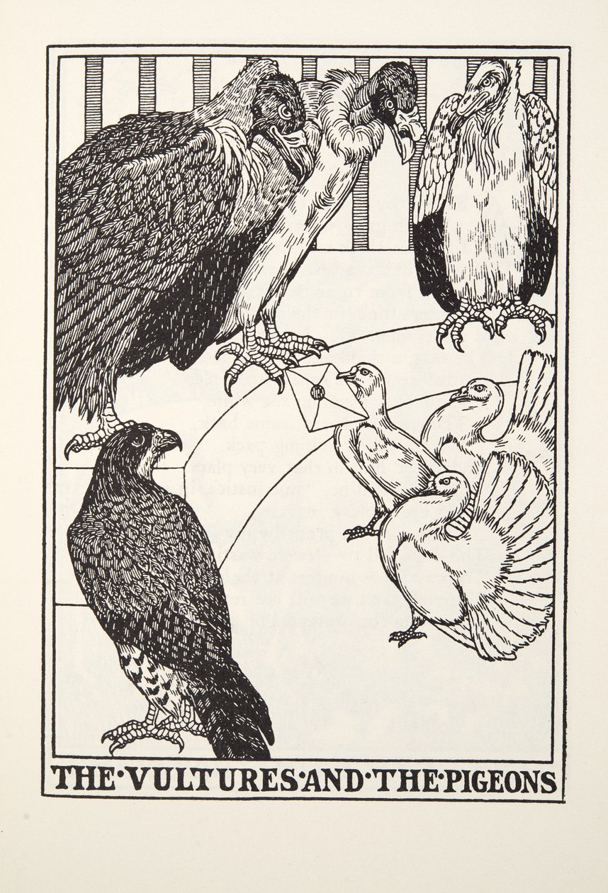 Gli avvoltoi e i piccioni, dalle Favole di Fontaine, pub. 1905 da Percy J. Billingshurst
