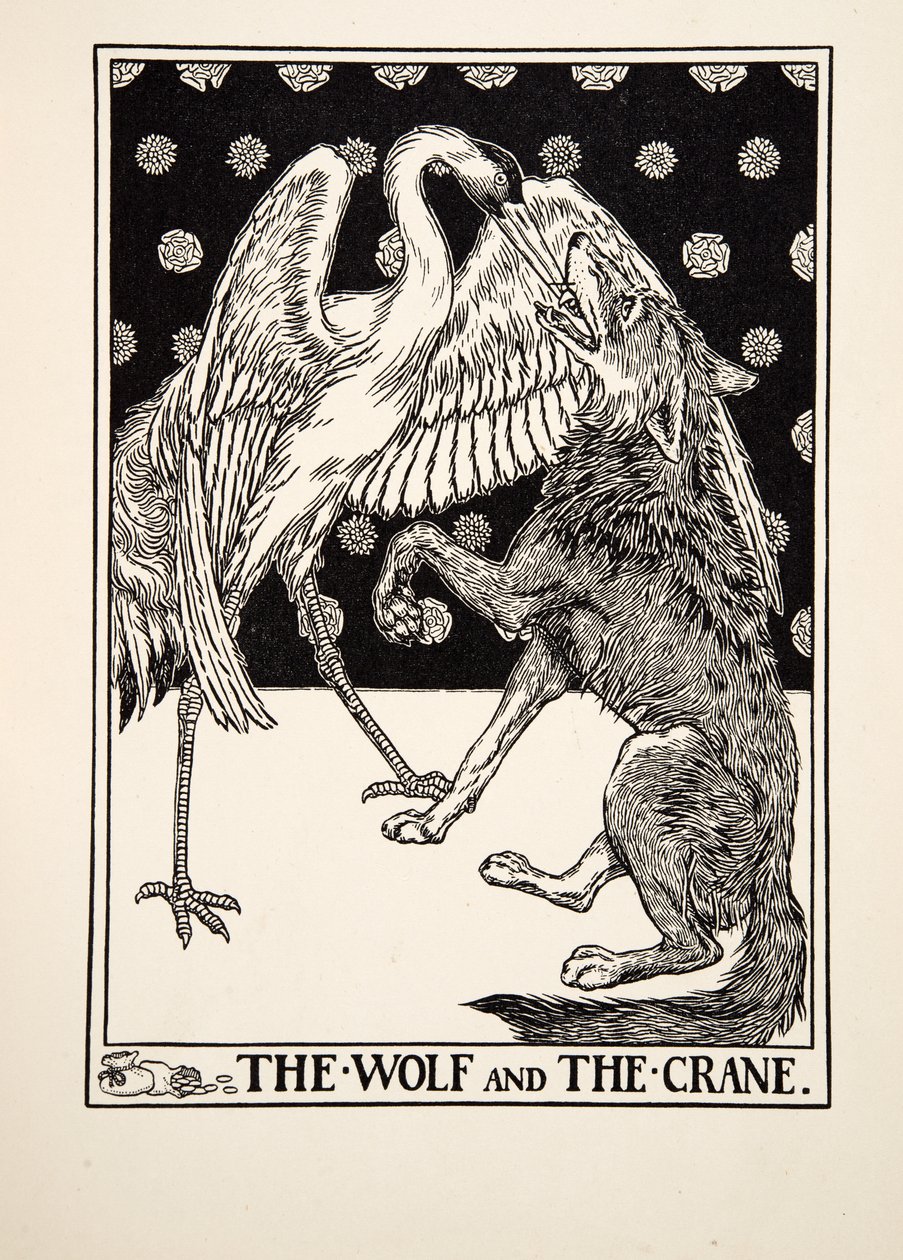 Il lupo e la gru, da Cento favole di Esopo, pub.1903 da Percy J. Billingshurst