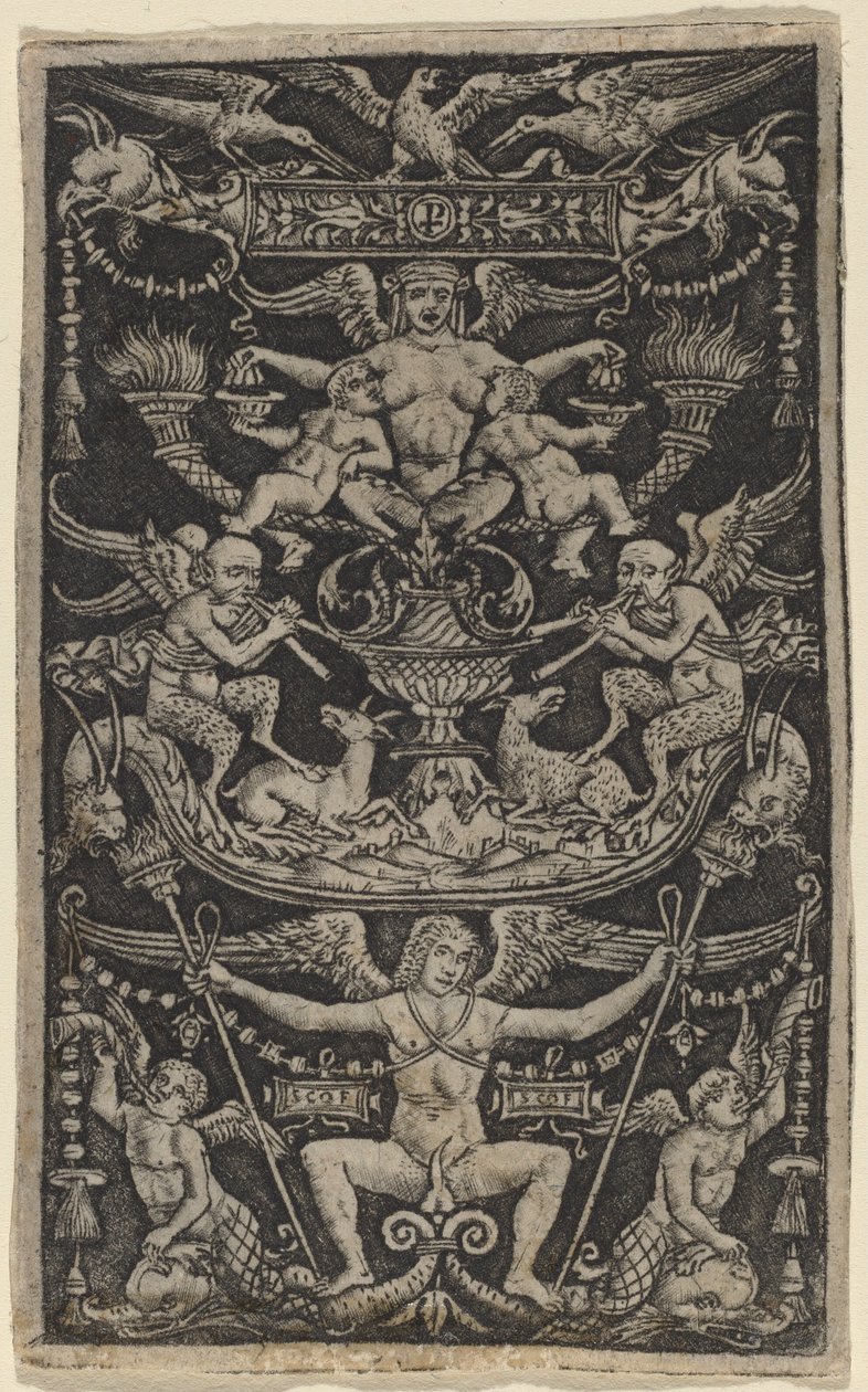Pannello di Ornamento con una Satiressa che Nutre Due Bambini da Peregrino da Cesena