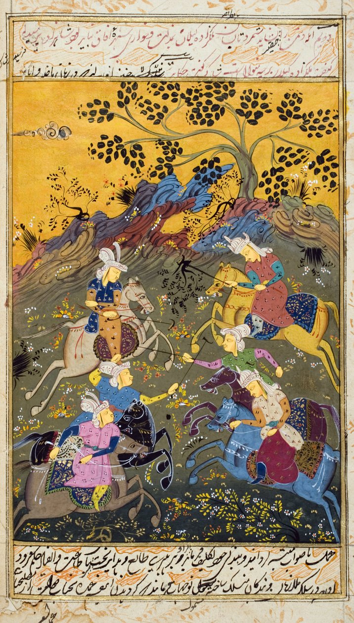 Uomini a cavallo che giocano (acquerello opaco e oro su carta) da Persian School