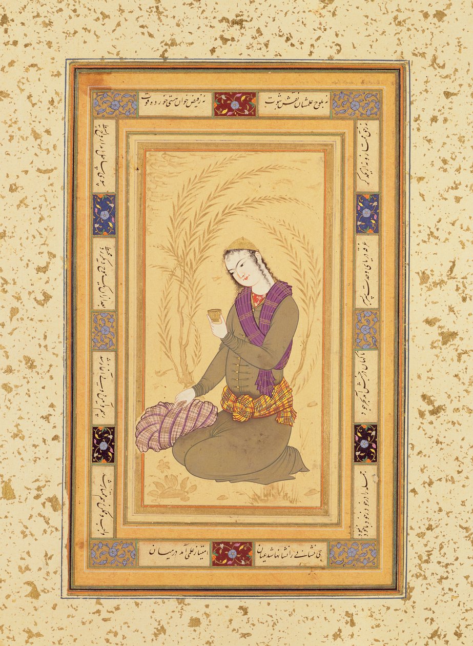 Giovane seduto con una coppa, dal Grande Album Clive, c.1610-20 da Persian School