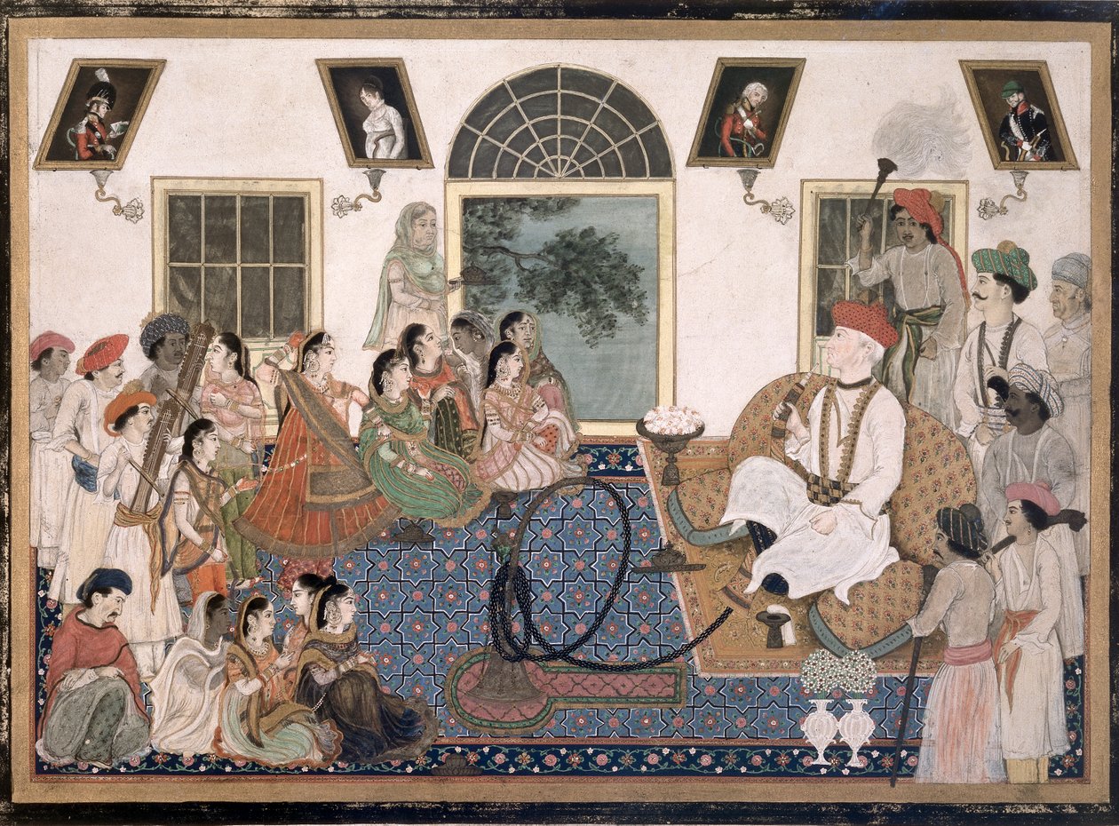 Un Europeo, probabilmente Sir David Ochterlony (1758-1825), in abiti indiani, che fuma un hookah e guarda una nautch nella sua casa a Delhi, c.1820 da Persian School