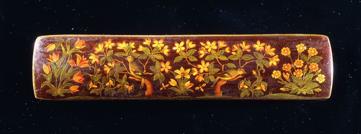 Un Qalamdan, raffigurante fringuelli posati su rami di fiori di prugno da Persian School