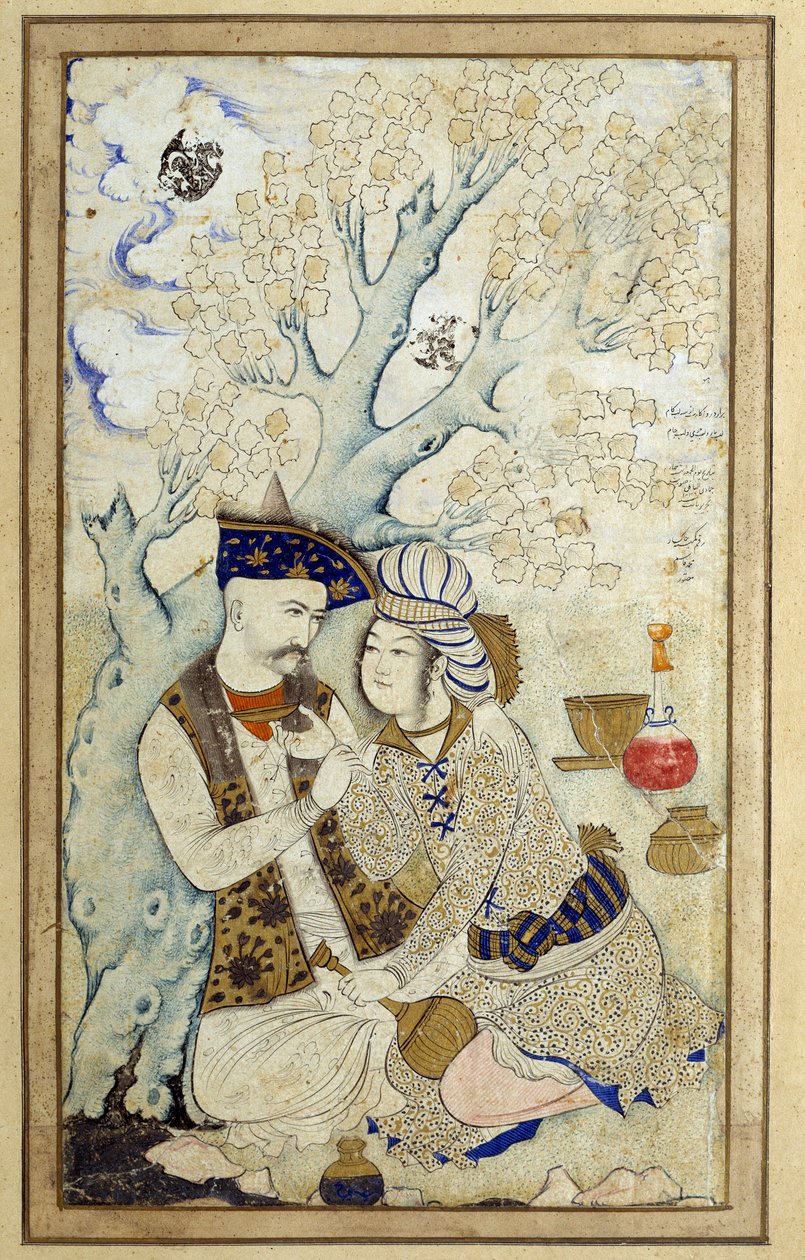 Arte islamica: Ritratto di Shah Abbas I che abbraccia uno dei suoi paggi. Disegno persiano del 1672. Dim: 0,16 x 0,27m. Parigi, Museo del Louvre da Persian School