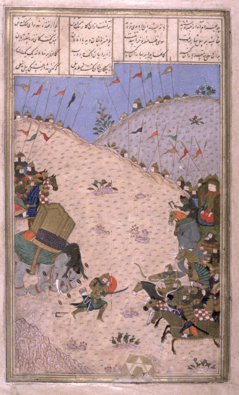 Bahram Chubina, il suo elefante ucciso, combatte a piedi, illustrazione dallo Shahnama (Libro dei Re) da Persian School