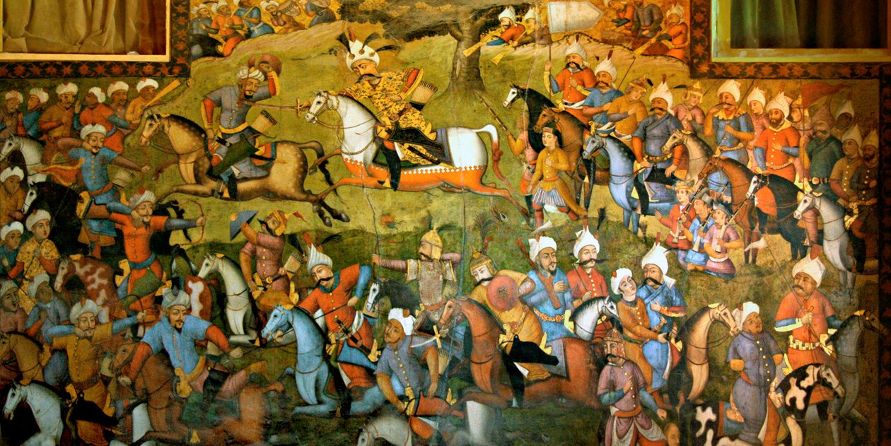 Battaglia di Taher-Abad o Battaglia di Merv con la vittoria di Shah Ismail I su Muhammad Shaybani Khan, Sala delle Udienze, Chehel Sotun, 1647 da Persian School