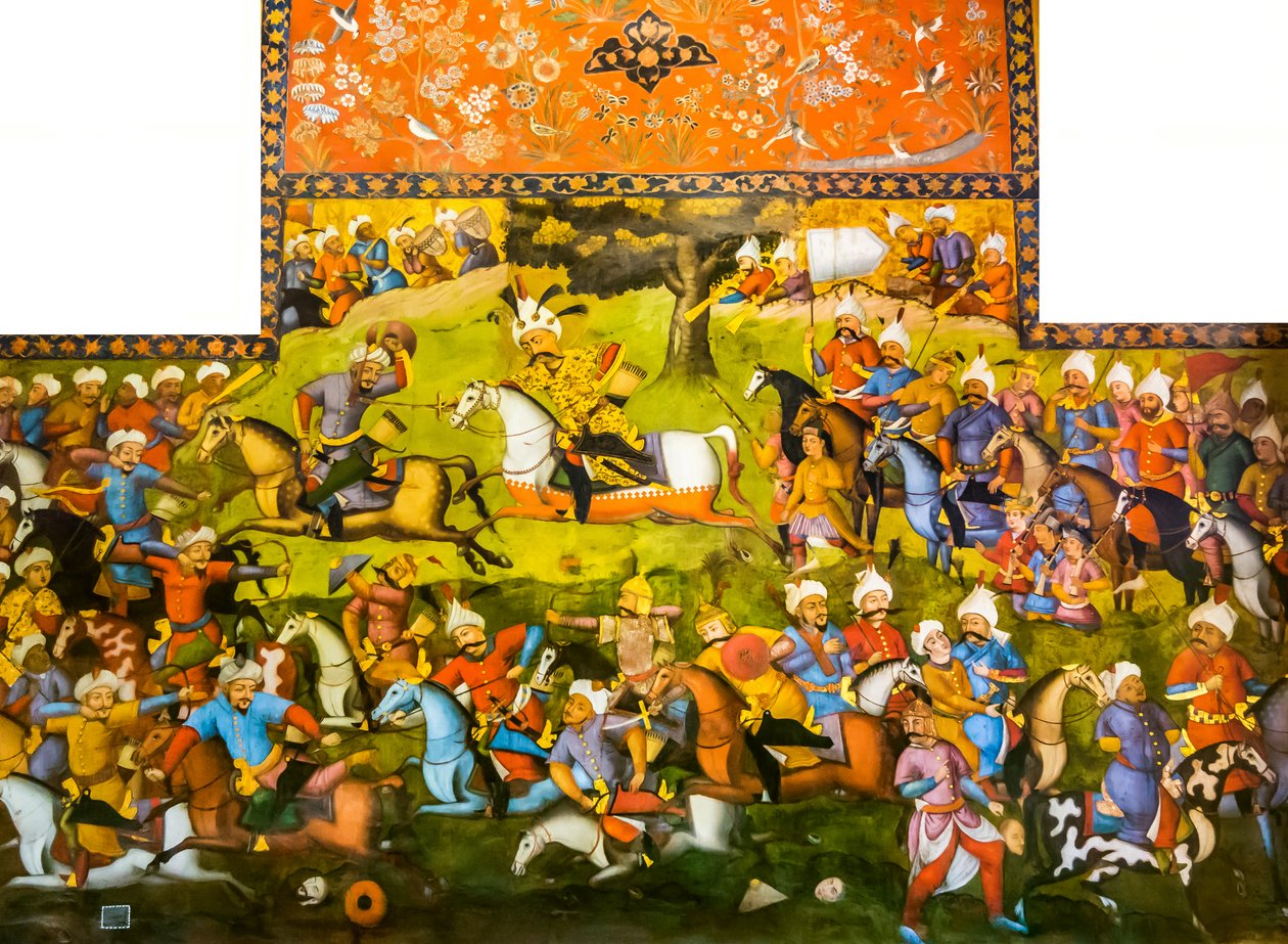 Battaglia di Taher-Abad o Battaglia di Merv con la vittoria di Shah Ismail I su Muhammad Shaybani Khan, Sala delle Udienze, Chehel Sotun, 1647 da Persian School