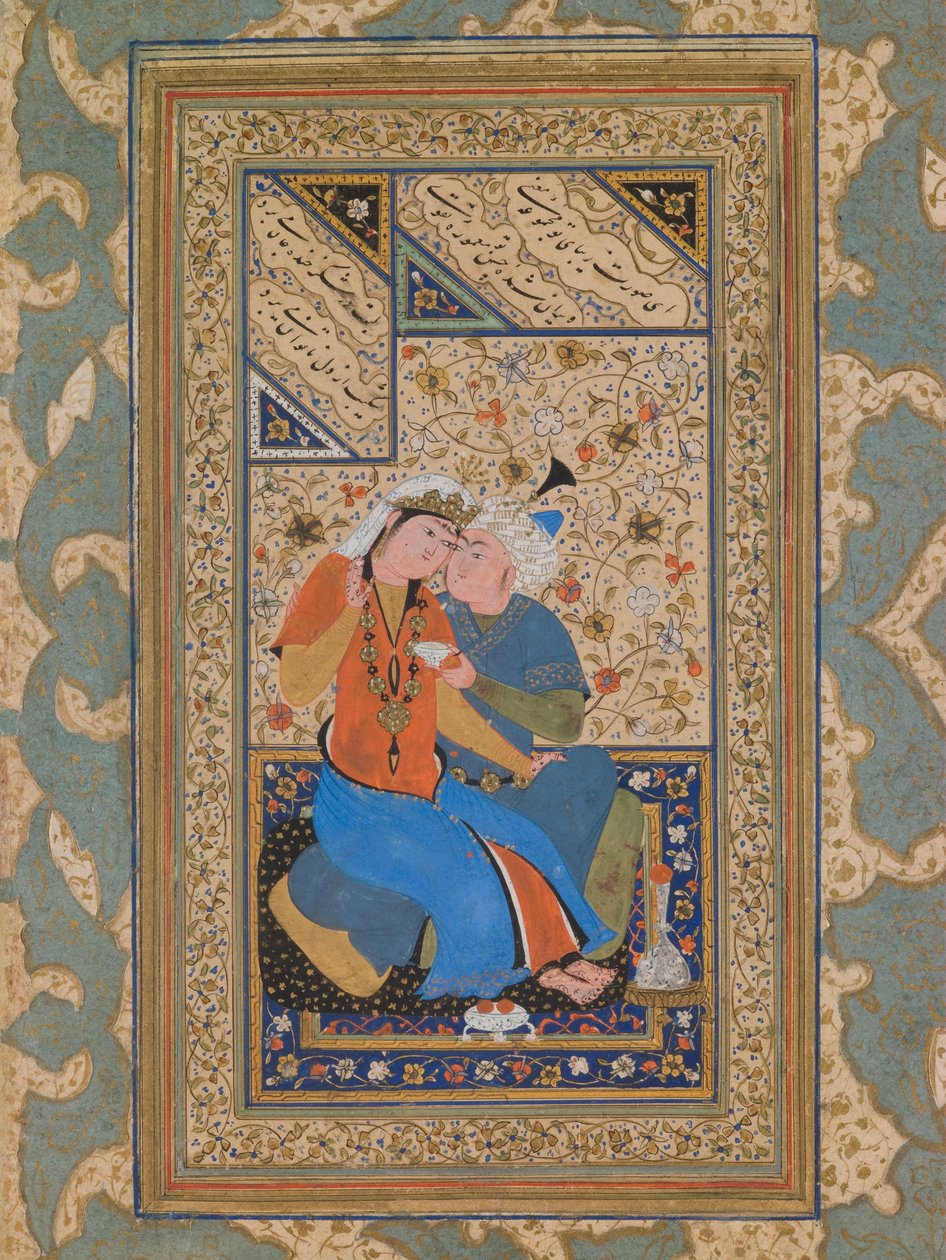 Coppia in conversazione affettuosa, periodo safavide (acquerello su carta) da Persian School