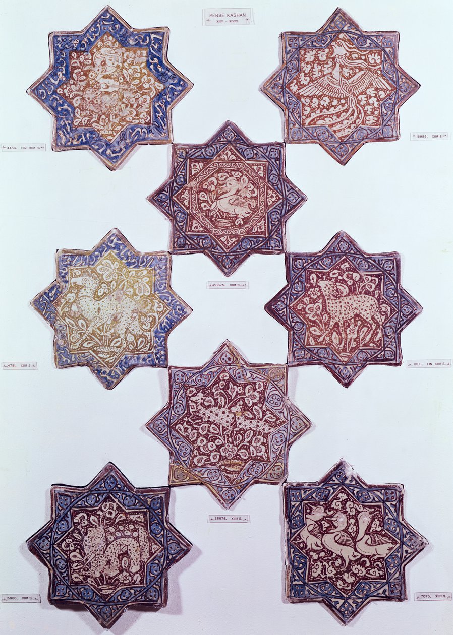 Otto piastrelle decorate con animali, XIII-XIV secolo da Persian School
