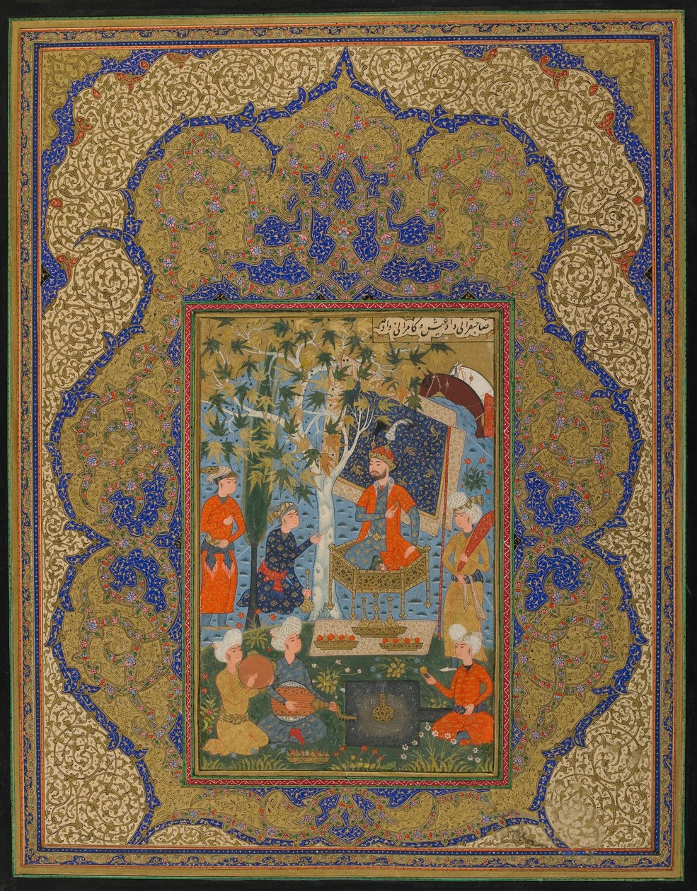 Folio da un testo non identificato; Un sovrano sul trono, possibilmente Khurasan, Iran, c.1590 da Persian School