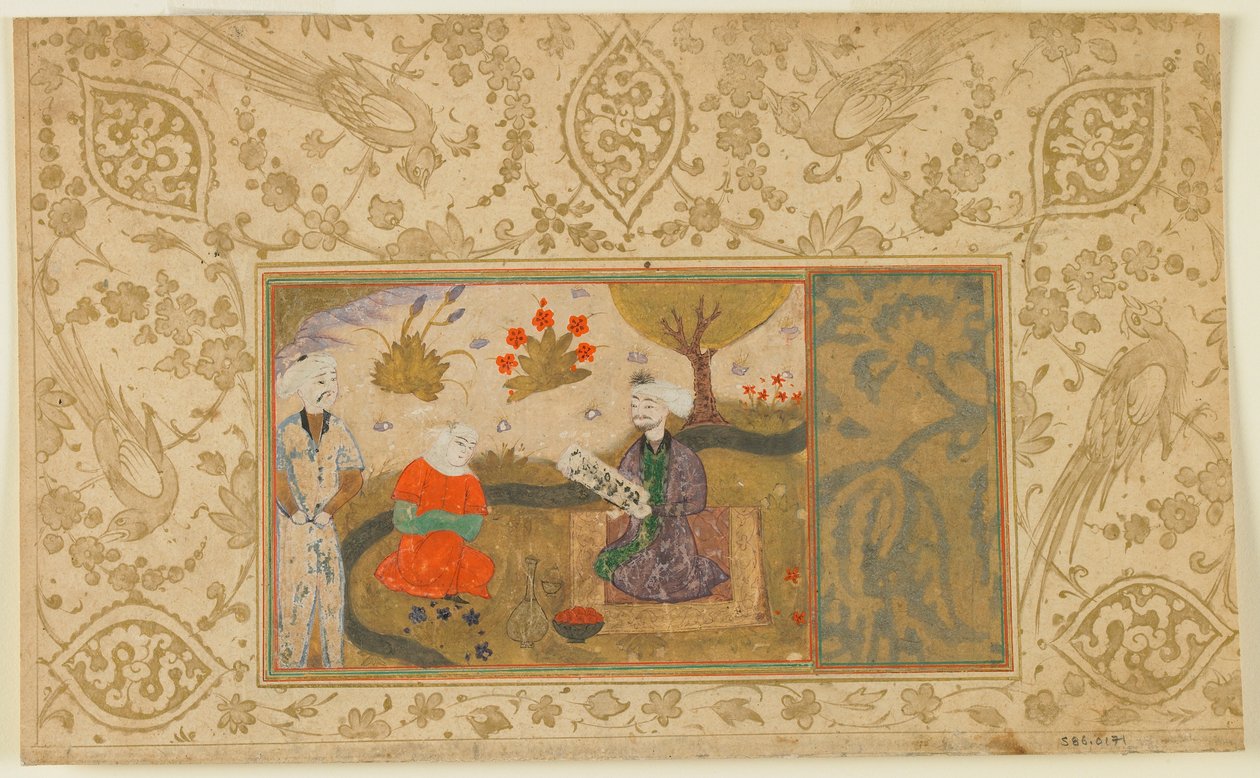 Foglio da un testo non identificato; Una Donna Conversa con un Uomo Seduto vicino a un Ruscello, Iran, c.1500 da Persian School