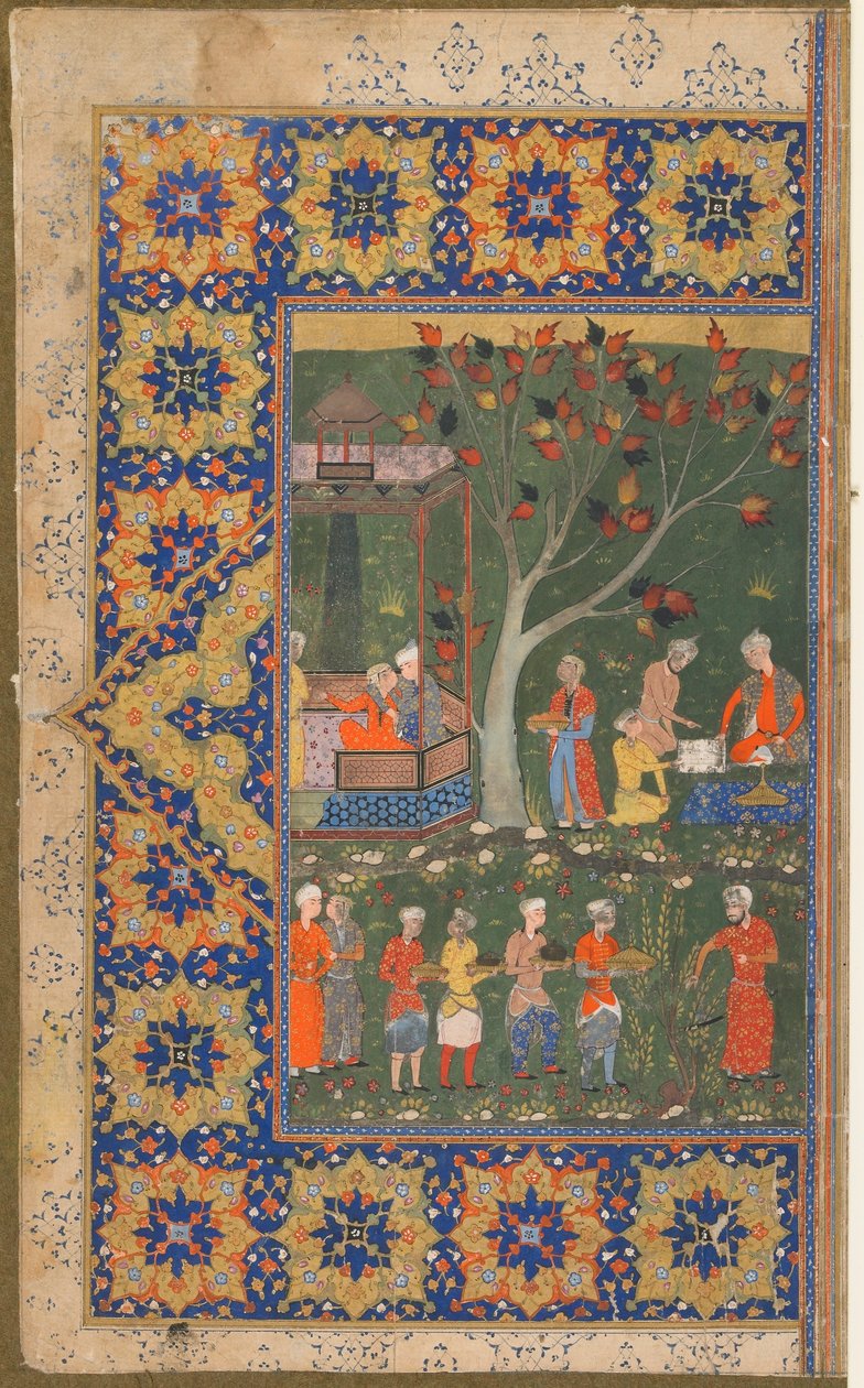 Folio da un testo non identificato; recto: Una festa in un giardino, Shiraz, Iran, c.1570 da Persian School