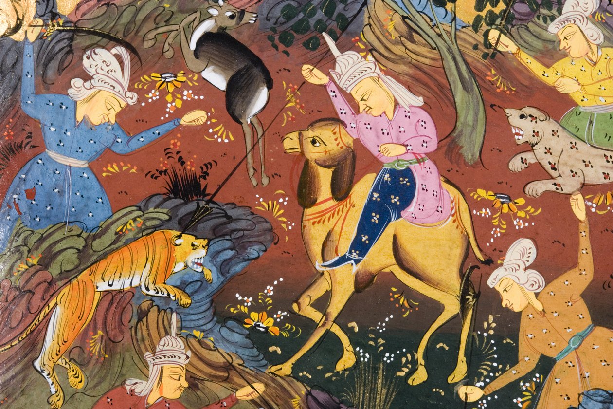 Cacciatori a cavallo e a piedi che uccidono cervi e tigri (dettaglio) da Persian School