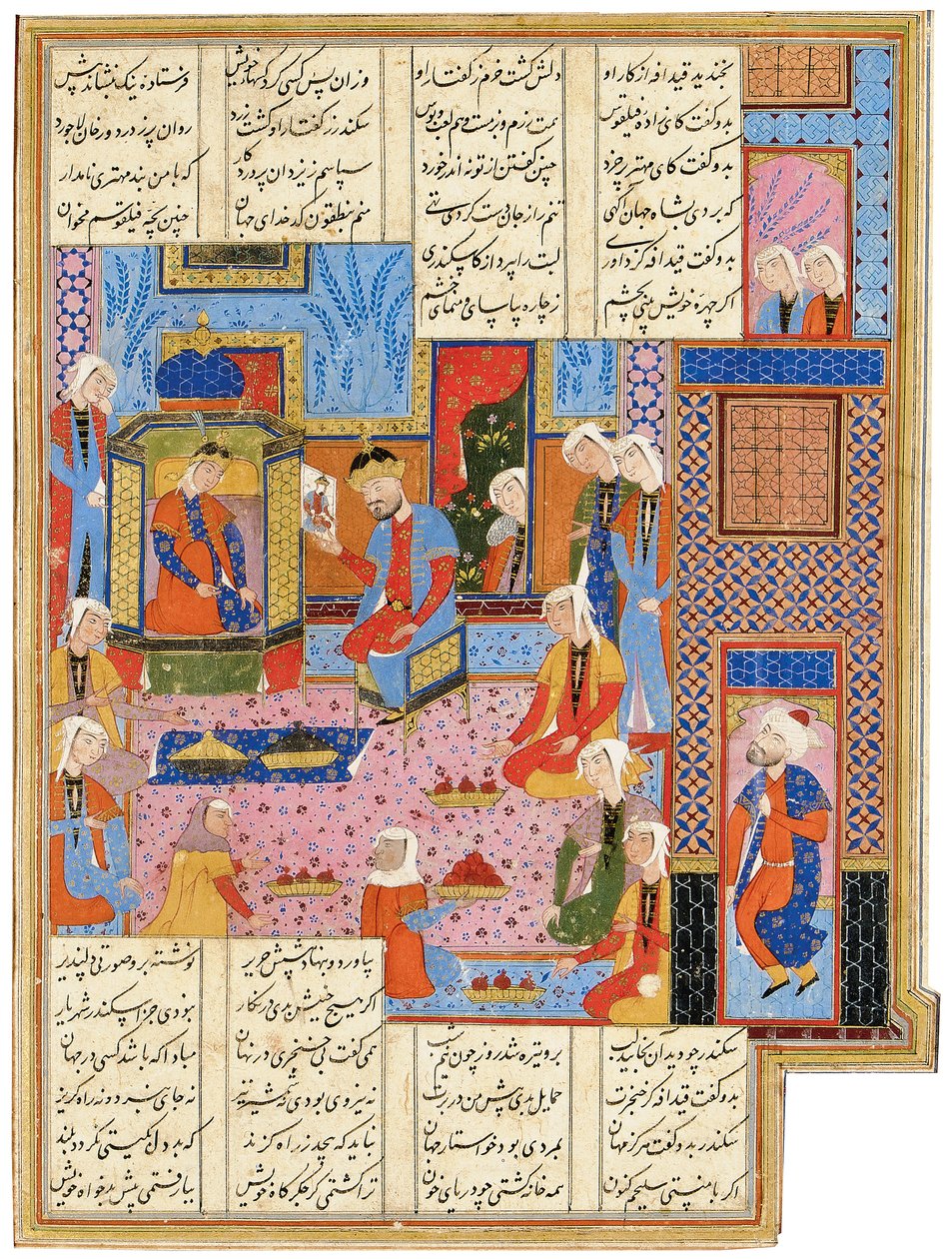 Illustrazione da un Safavid Shahnama: Alessandro, travestito da inviato, viene riconosciuto dalla regina Nushaba, Shiraz, Iran, 1650-1700 da Persian School