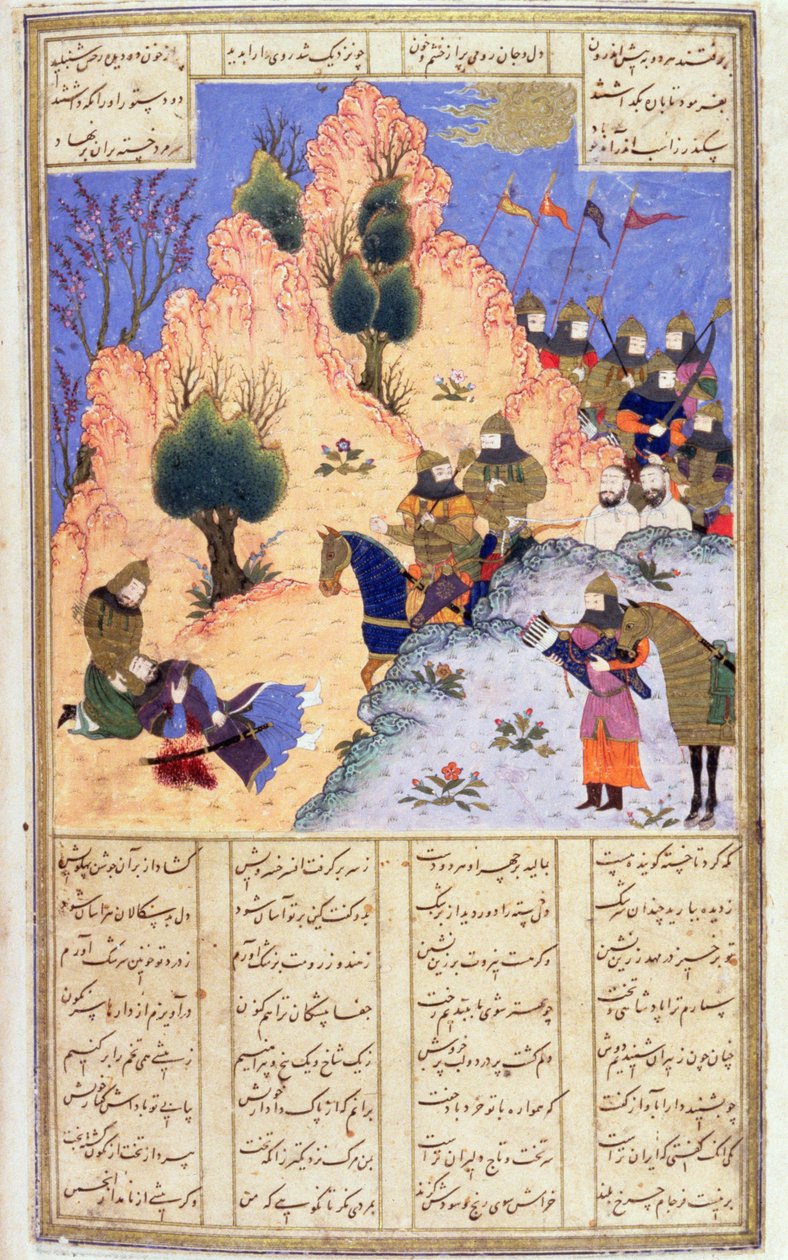 Iskandar conforta il morente Dara, dallo Shahnama di Firdawsi da Persian School