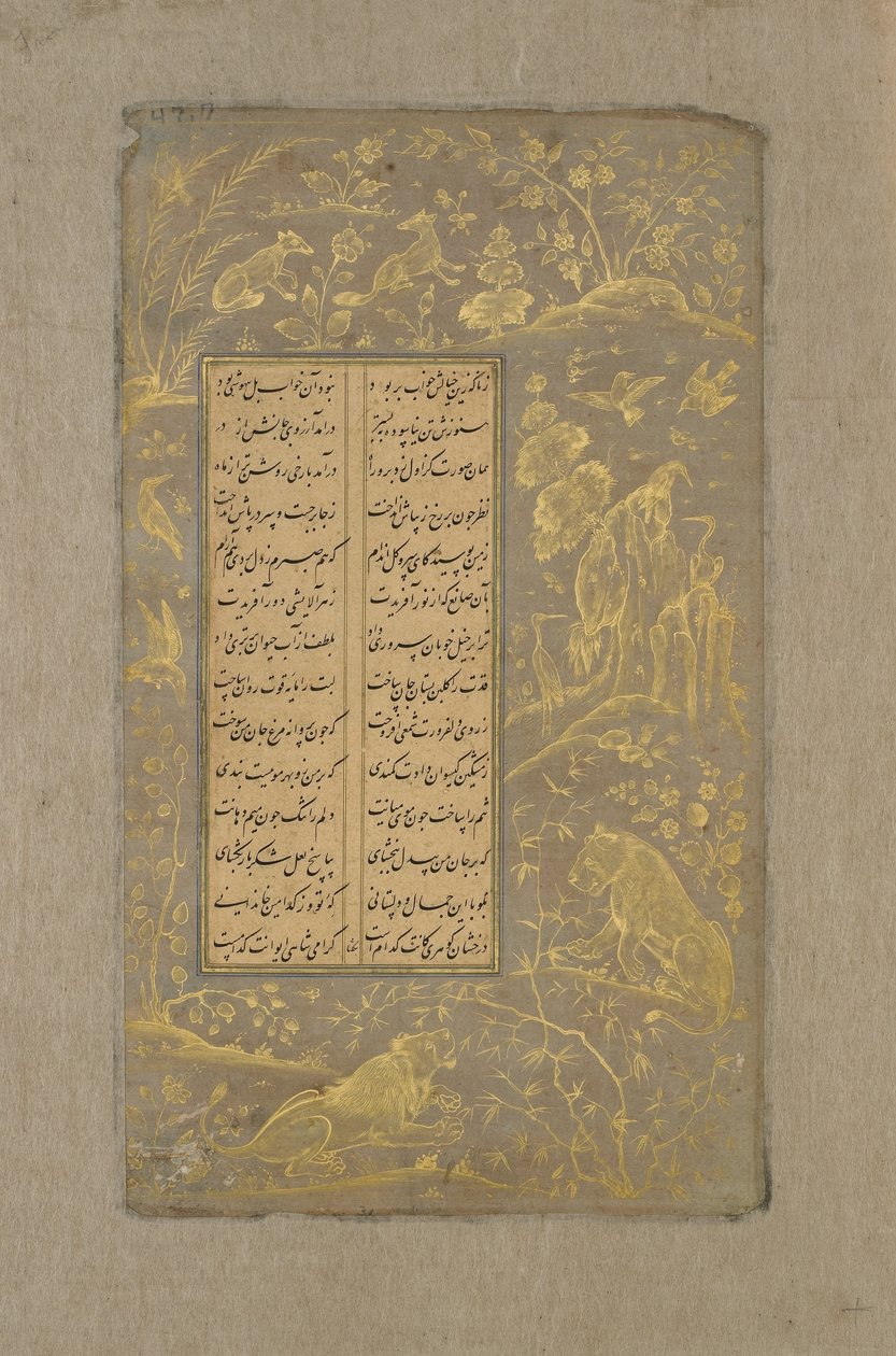 Leoni, volpi e uccelli in un paesaggio, foglio da Yusuf u-Zulaikha di Jami, Qazvin, Iran, 1557 da Persian School