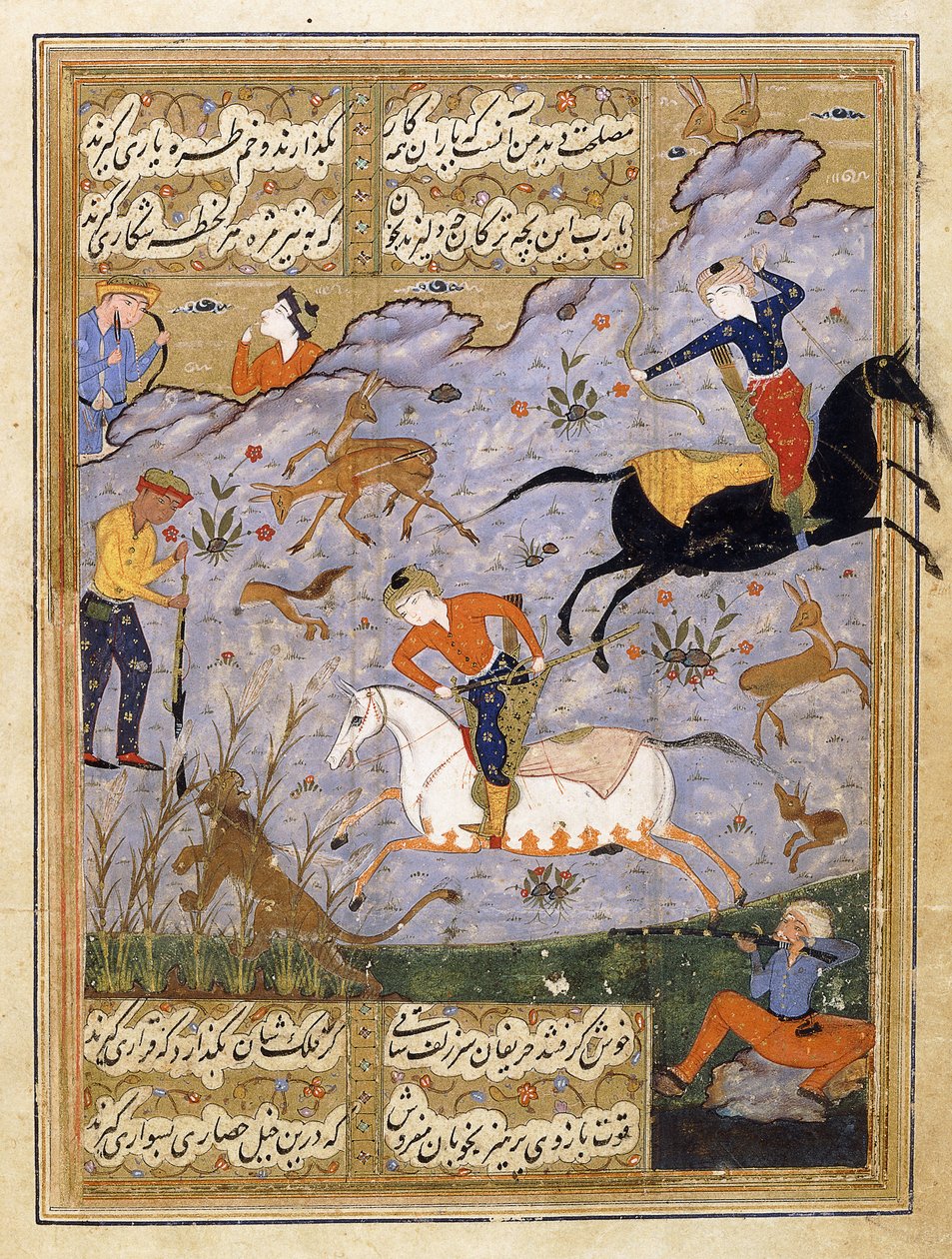 Uomini che cacciano cervi e un leone da Persian School