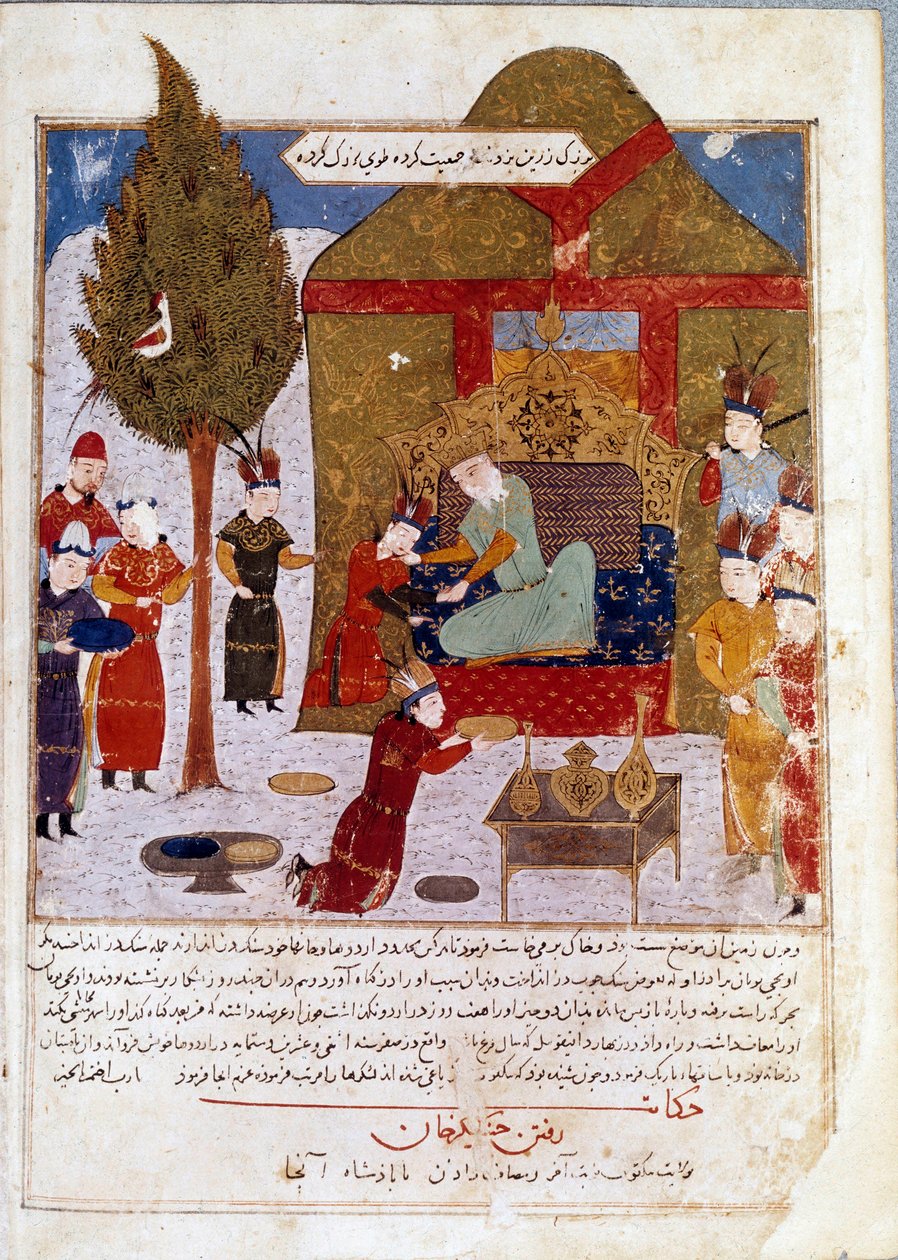 Imperatore mongolo Gengis Khan (1167-1227) sul suo trono in un campo vicino a Ilmil con i suoi nipoti Quibalai e Hule Gu Miniatura persiana tratta da Jami al-Tawarikh (Storia dell