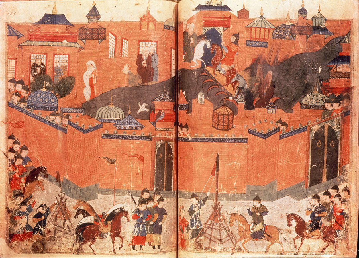 Ms.Sup.Pers.1113.f.180v-181 Mongoli sotto la guida di Hulagu Khan che assaltano e catturano Baghdad nel 1258, da un libro di Rashid al-Din da Persian School