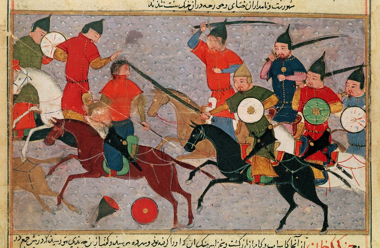 Ms Pers.113 f.49 Gengis Khan (c.1162-1227) in battaglia, da un libro di Rashid-al-Din (1247-1318) (guazzo) da Persian School
