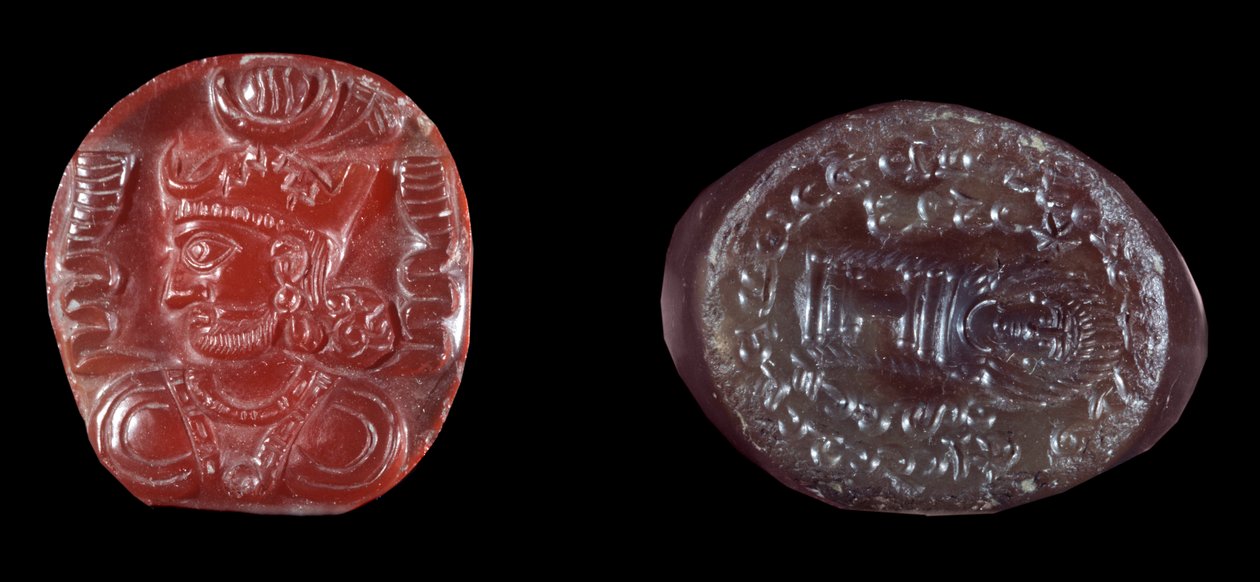 Arte persiana: cammeo di Kavadh I (o Qobad, Kobad, Kabad) (488-496 d.C.) re del secondo impero persiano e sigillo in agata del periodo sassanide. 5° o 6° secolo d.C. Parigi, B.N. da Persian School