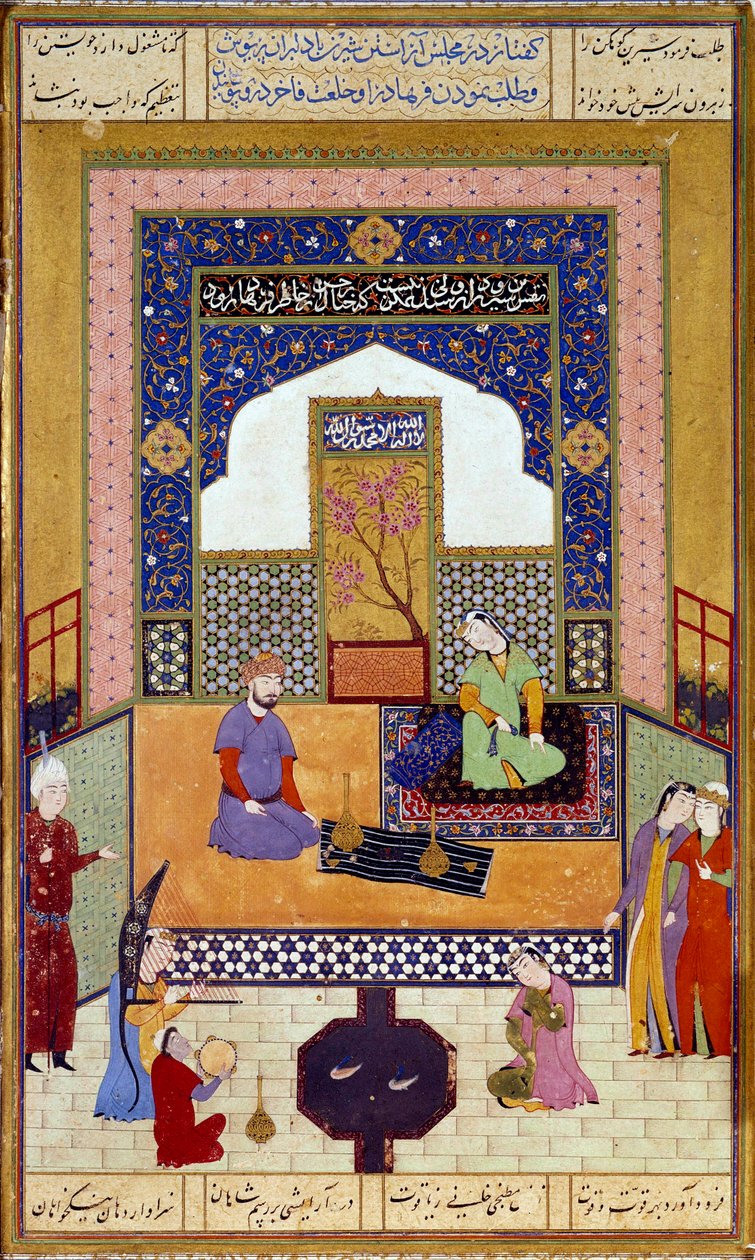 La principessa Shirin (Chirin) riceve Farhad nel suo castello. Miniatura persiana che illustra un episodio del Khamsa (Cinque poemi) di Nizami (1141-1209) XVI secolo. Parigi, Louvre da Persian School