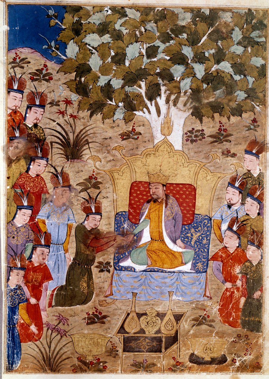 Rappresentazione di Chaghtai Khan sul trono da Persian School