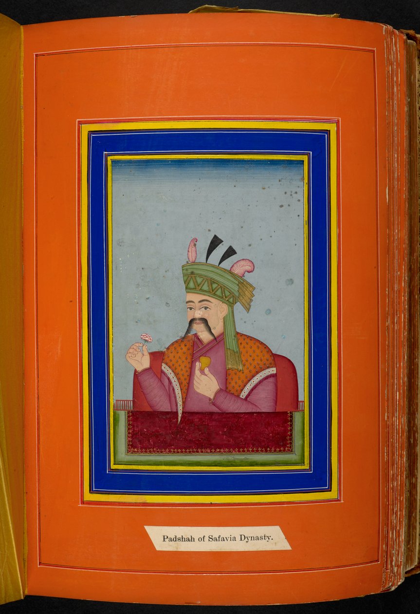 Scià Abbas I di Persia (reg. 1588-1629) ritratto a mezzo busto, rivolto a sinistra da Persian School