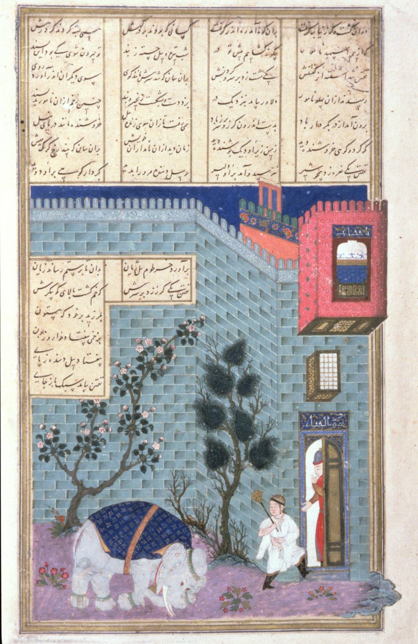 Il bambino Rustam uccide l'elefante pazzo, illustrazione dallo Shahnama ...