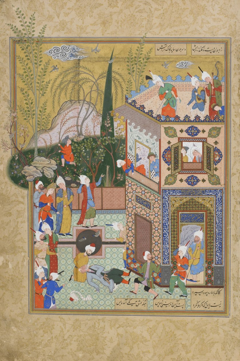 Il vecchio amante volubile viene buttato giù dal tetto, foglio da un Haft awrang (Sette troni) di Jami (m. 1492) probabilmente Mashad, Khurasan, Iran, dinastia Safavide, 1556-1565 da Persian School