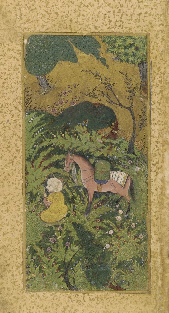 Scudiero in attesa con cavallo in un boschetto, probabilmente Tabriz, dinastia Turcomanna, c.1500 da Persian School