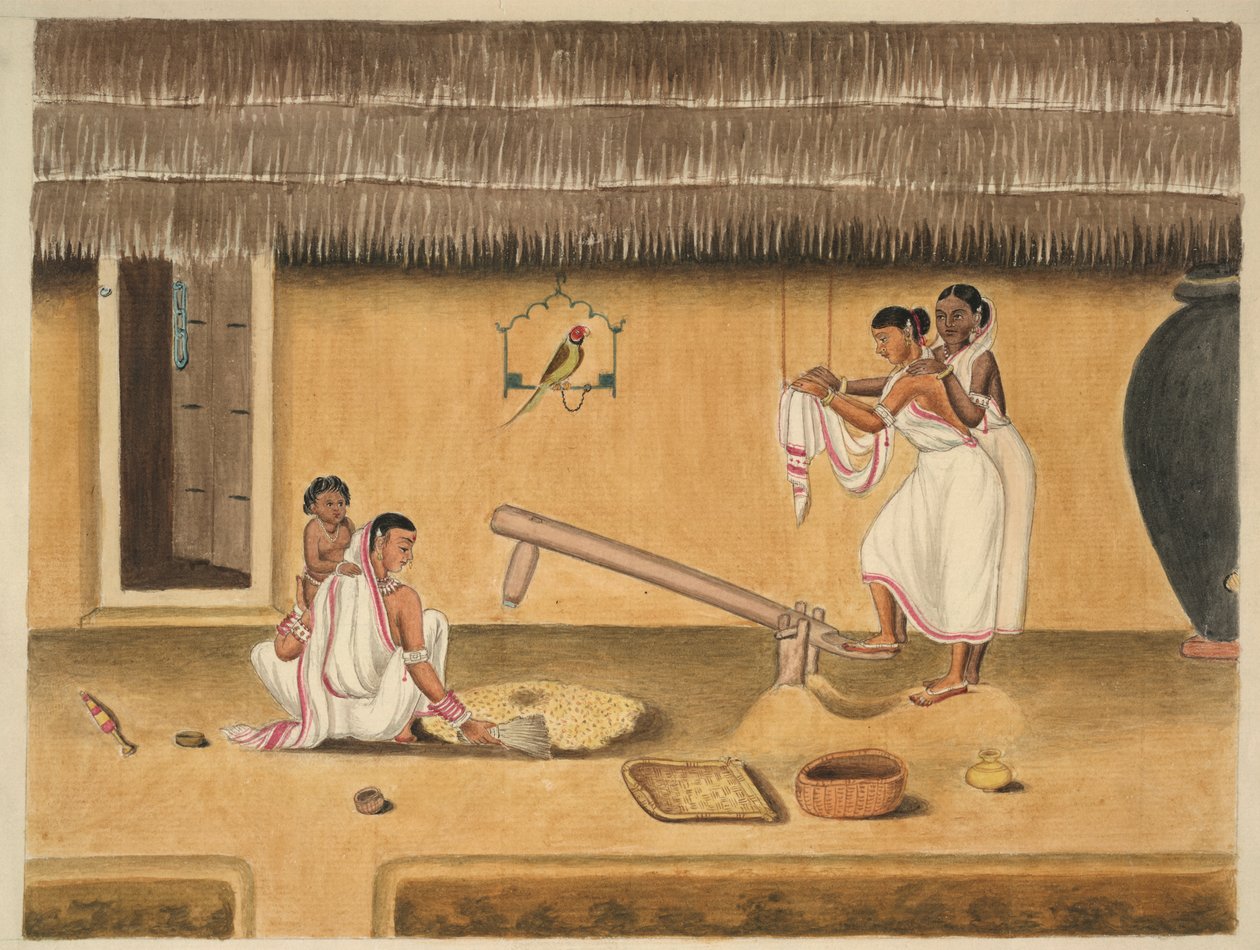 Donne che sbucciano il riso con un dhenki, c.1840 da Persian School