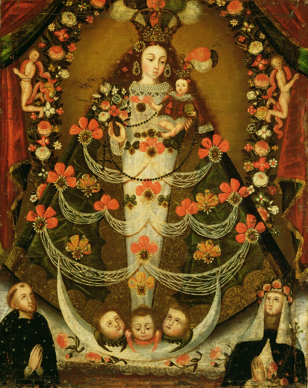 Vergine di Pomata con San Nicola da Tolentino e Santa Rosa da Lima (1586-1617) da Peruvian School